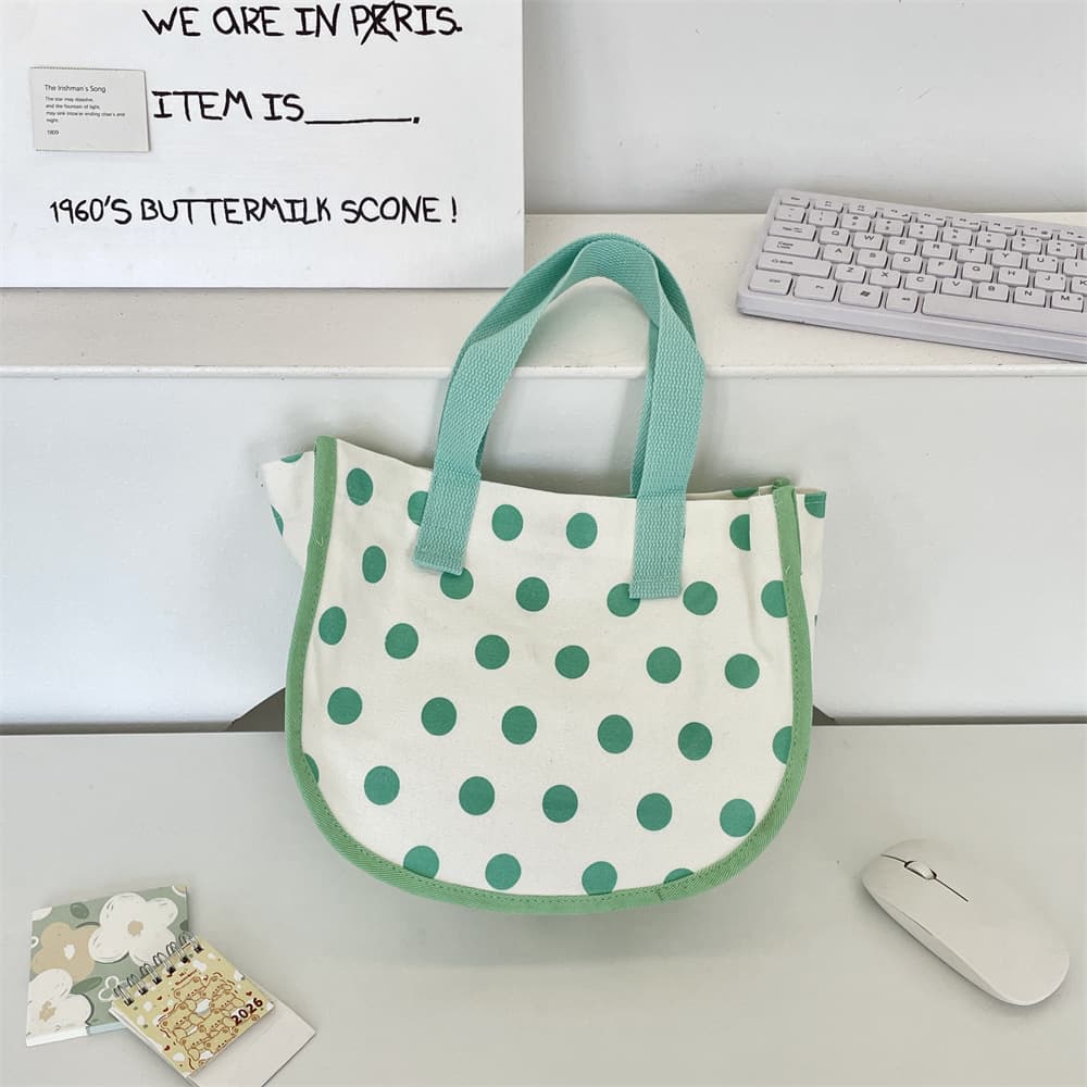 13142 Fresh mint green polka dot handbag canvas handbag girl portable storage bag for sundries when going out