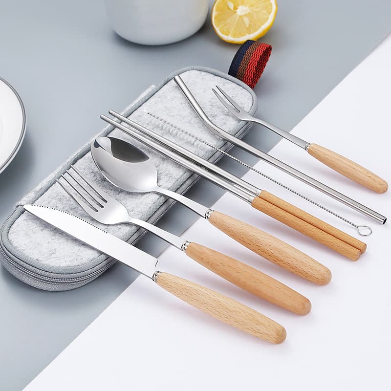 Japanese Style Wooden Handle Stainless Steel Cutlery Set Portable Outdoor Camping Travel Western Tableware Full Set Cross-border Dropshipping