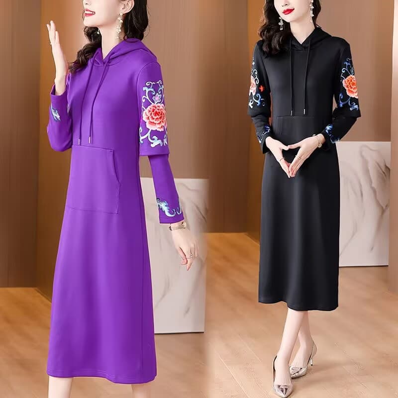 Women's Autumn New Chinese National Style Peony Embroidered Long-Sleeve Sportswear Slim Comfort Casual Hoodie Dress