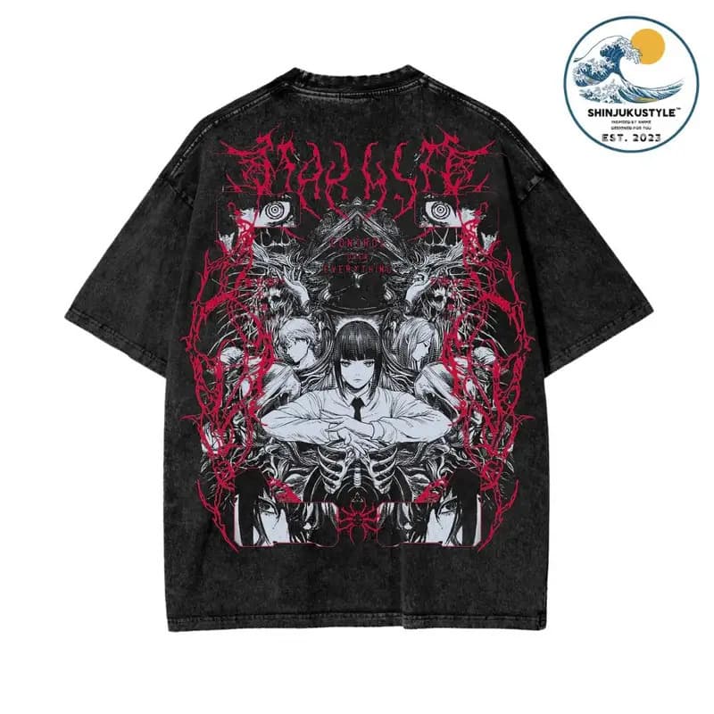Cross-border European size pure cotton vintage Chainsaw Man X Reze Devil T-shirt, distressed oversized anime manga T-shirt