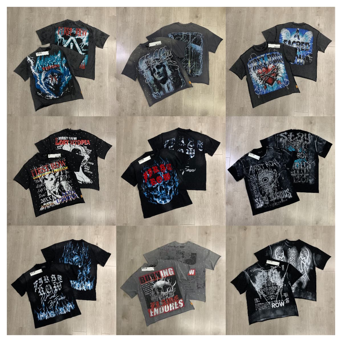 FIRST ROW WAKE UP AND BE FIERCE FLAME TEE Rhinestone Washed Distressed Short-Sleeve T-Shirt