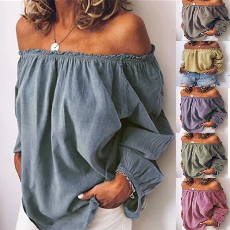 2026 Spring/Summer Amazon European and American Cross-Border Off-Shoulder Elastic Ruched Cotton-Linen Solid Color Long-Sleeve Women's Shirt in Stock