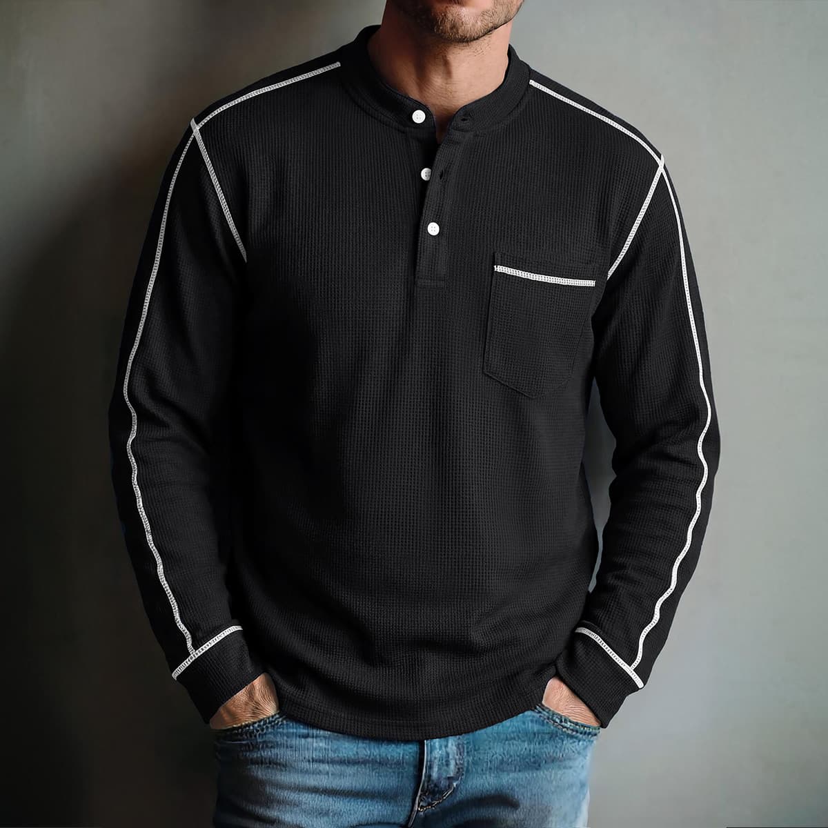 Cross-border Plus Size Amazon Men's T-Shirt Waffle Autumn Winter New Fashion Casual Henley Shirt Long Sleeve T-Shirt Men