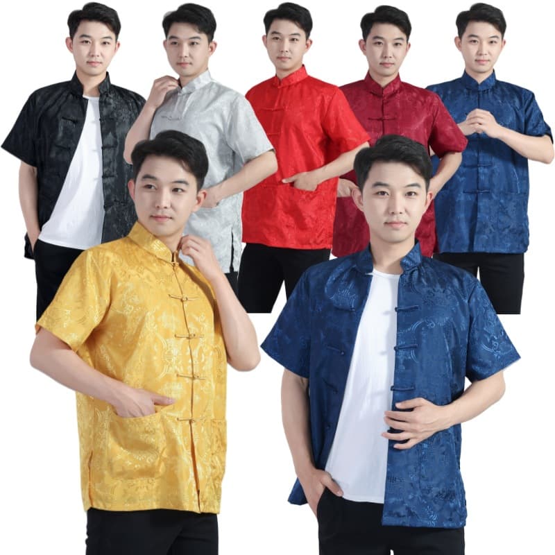 Wholesale Drop Shipping Satin Embroidered Internet-Famous Chinese Style Hanfu Silk Men's Short Sleeve Top Chinese Ancient Tang Suit