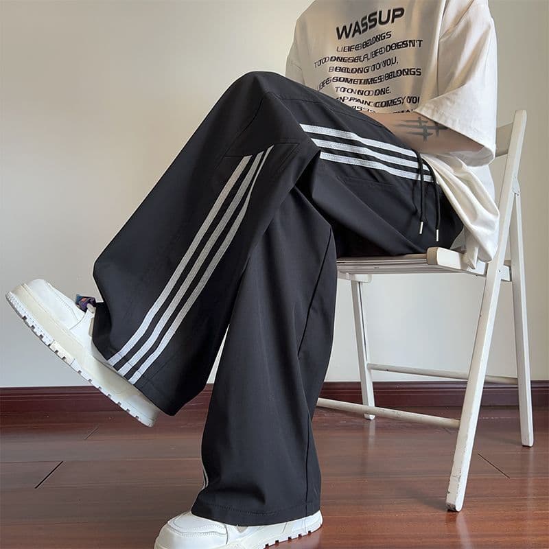 Striped Quick-Dry Ice Silk Pants for Men 2026 Summer Thin Loose Wide-Leg Sports Pants Teen Casual Long Pants