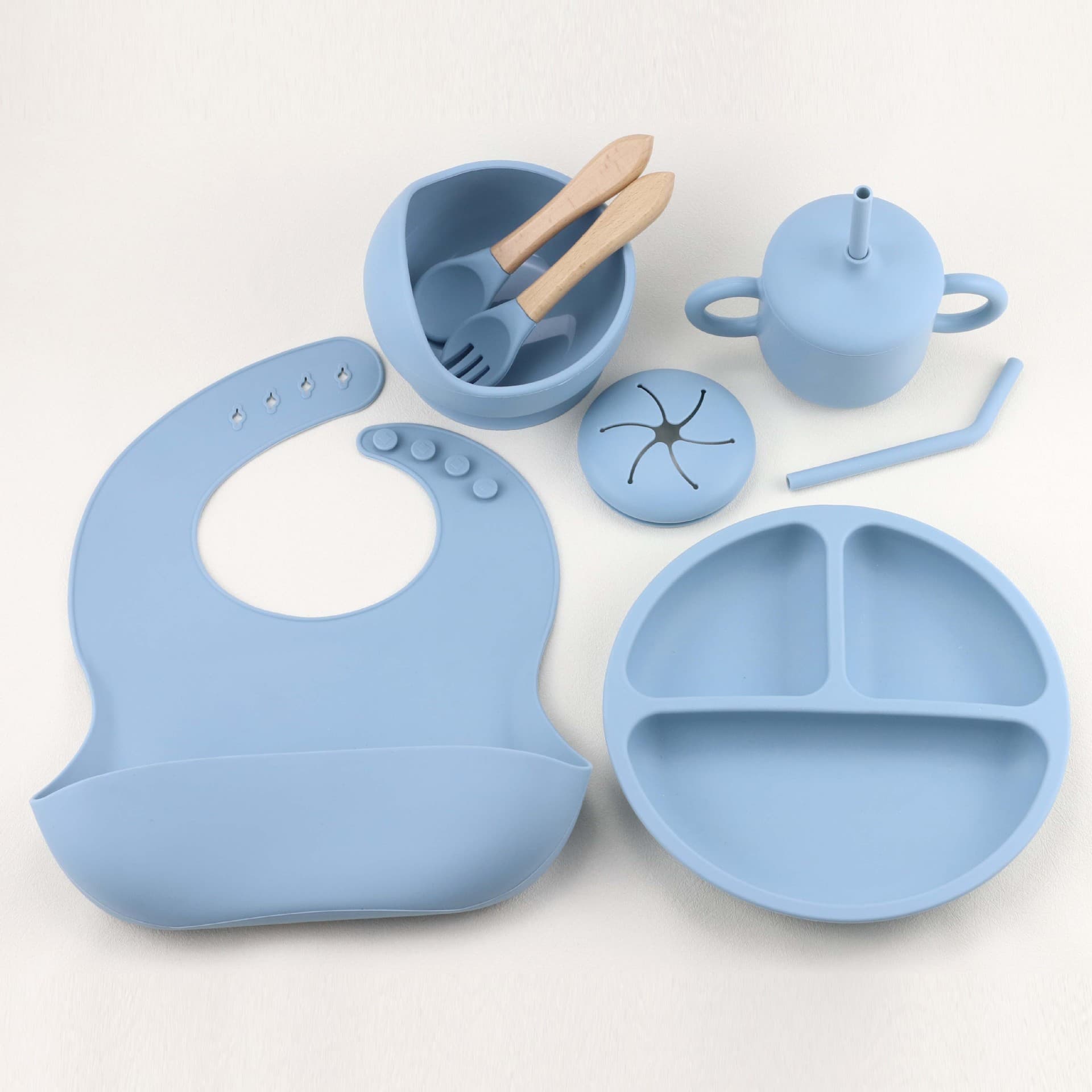 Children's Silicone Dinner Plate, Bowl, Fork, Spoon, Bib, Suction Cup, Straw Cup, Snack Cup Eight-Piece Dishware Set, Durable