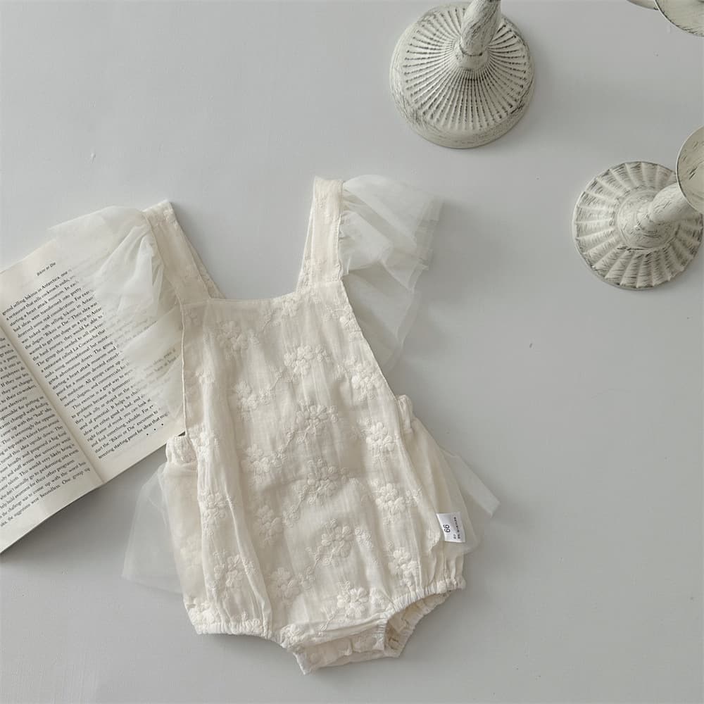 INS Style Spring/Autumn Baby Fairy Mesh Ruffle Back Strap Bodysuit for Girls, Embroidered Doll Collar Undershirt