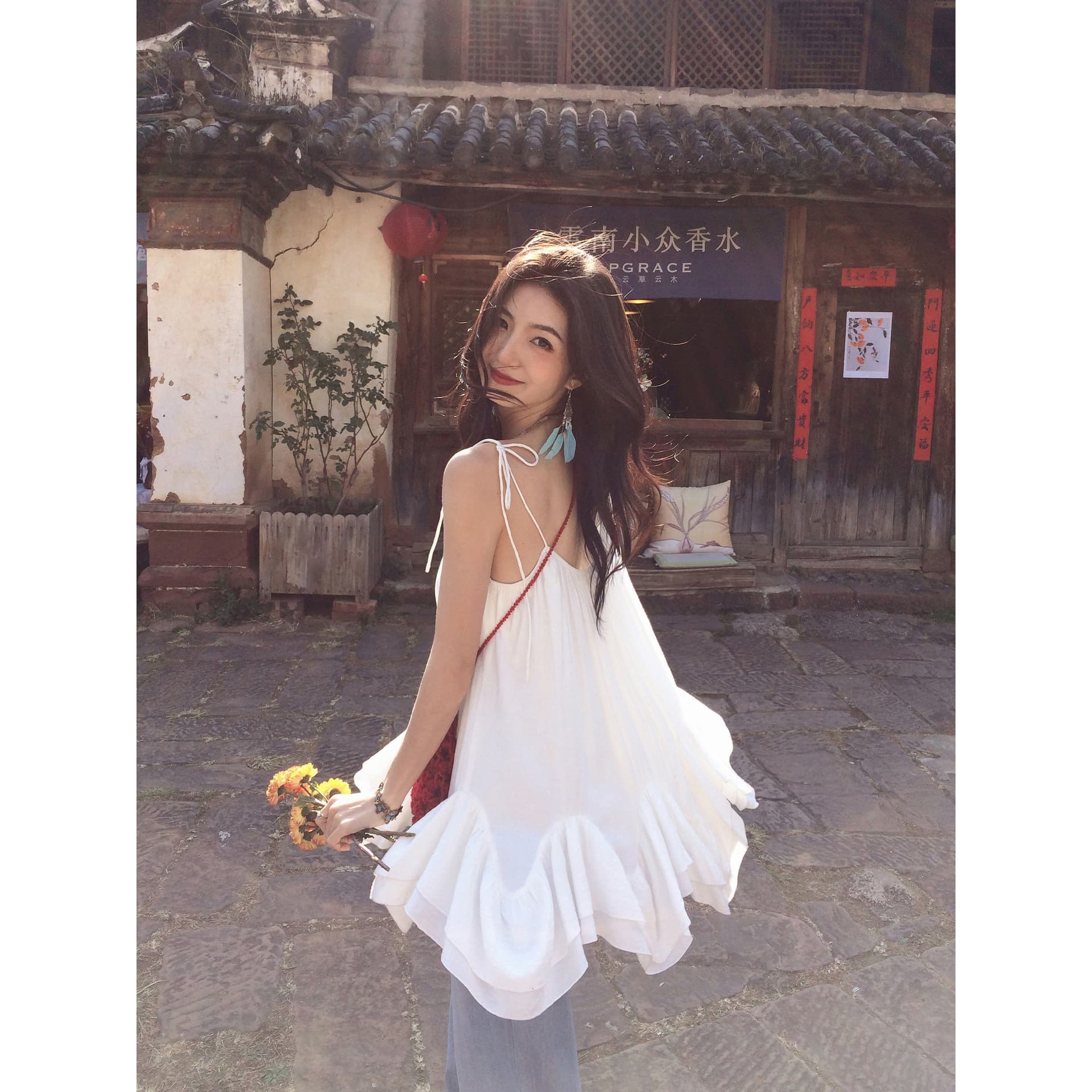 MULVAN Blue Ruffle Loose Strappy Vest Top Women Long Summer New Style Gentle Unique Fairy Top