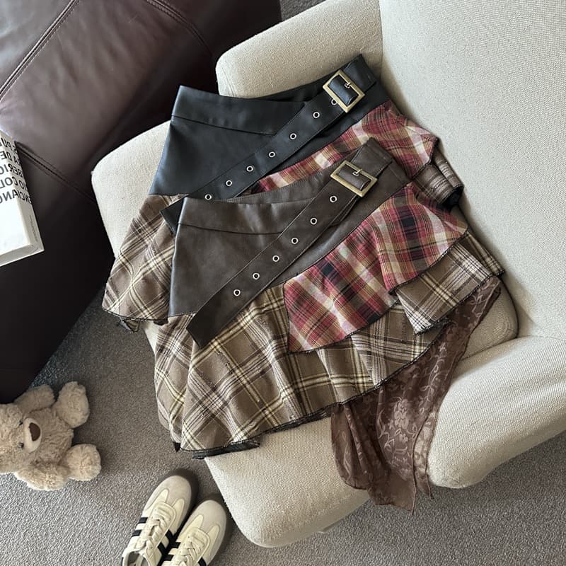 American Wasteland Style Irregular Plaid Lace Patch Leather Skirt Vintage Versatile Slimming Half Skirt