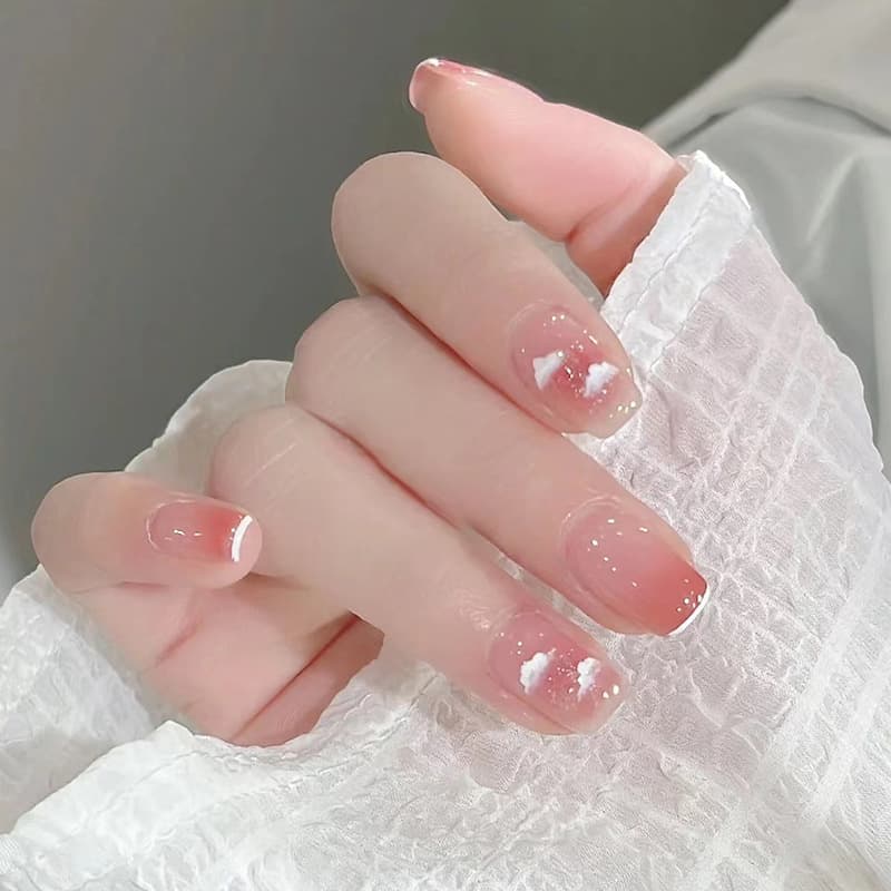 Cloud Peach Diamond Wearable Nails Butterfly Heart French Style Short Fake Nails Ready-Made Nail Tips