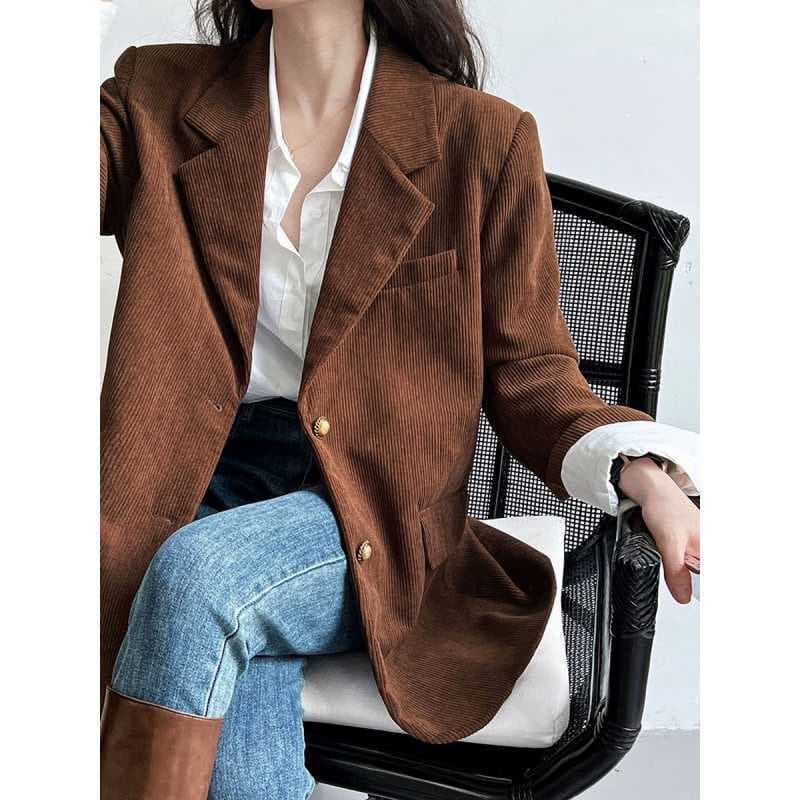 Caramel brown corduroy shoulder-fit women's blazer 2024 European hot seller Naples premium small suit.