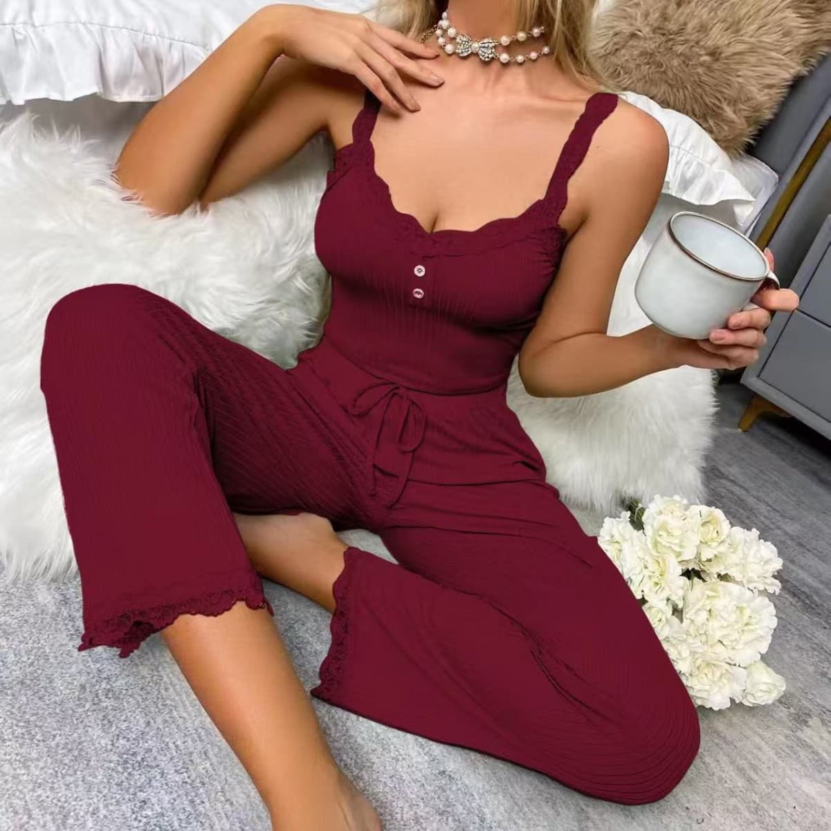 European and American Style Te Long Pants Set Loungewear, Can Be Worn Outside, Elastic Lace Camisole, Comfortable Home Cross-Border Women's Pajamas