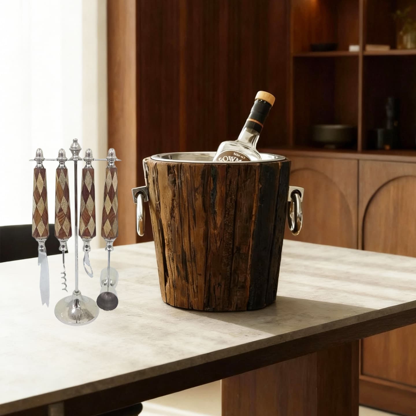 Indian Import Vintage European Style Wooden Wine Bucket Ice Bucket Diamond Pattern Bar Tool Set with Bottle Opener Bar Decoration