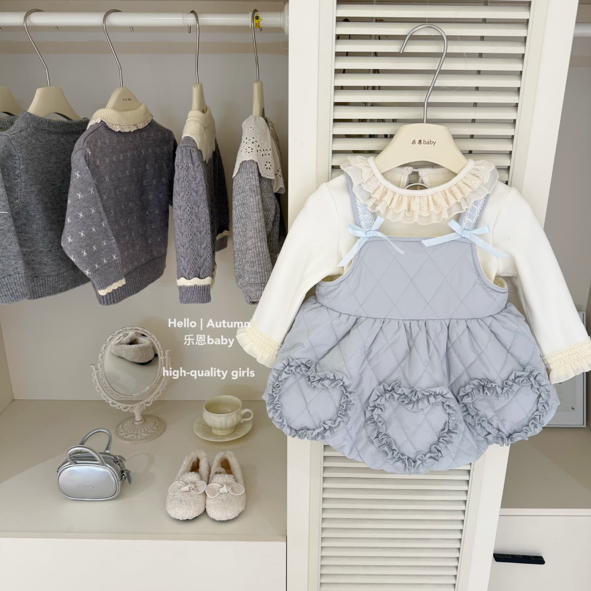 [Le'en Children's Clothing] Original Design Autumn Winter Girls Lace Trim Fleece-Lined Base Layer Blue Vest Fleece-Lined Skirt Set