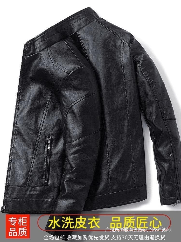 Men's Leather Jacket Spring Autumn Winter Thickened Fleece-Lined Korean Trendy Business Casual Coat