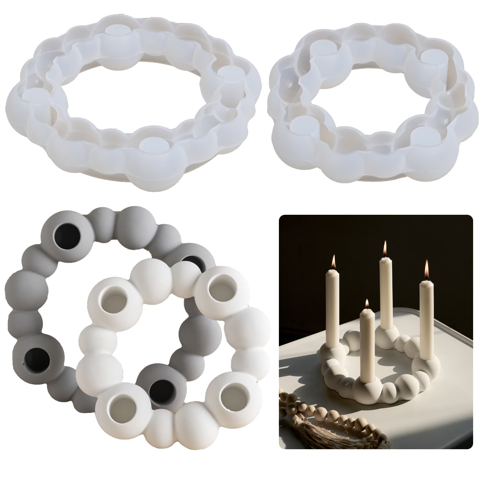 Spherical Candle Holder Mold DIY Bubble Bead Round Ball 4-Hole Candle Holder Base Round Ball Ring Candle Holder Plaster Mold