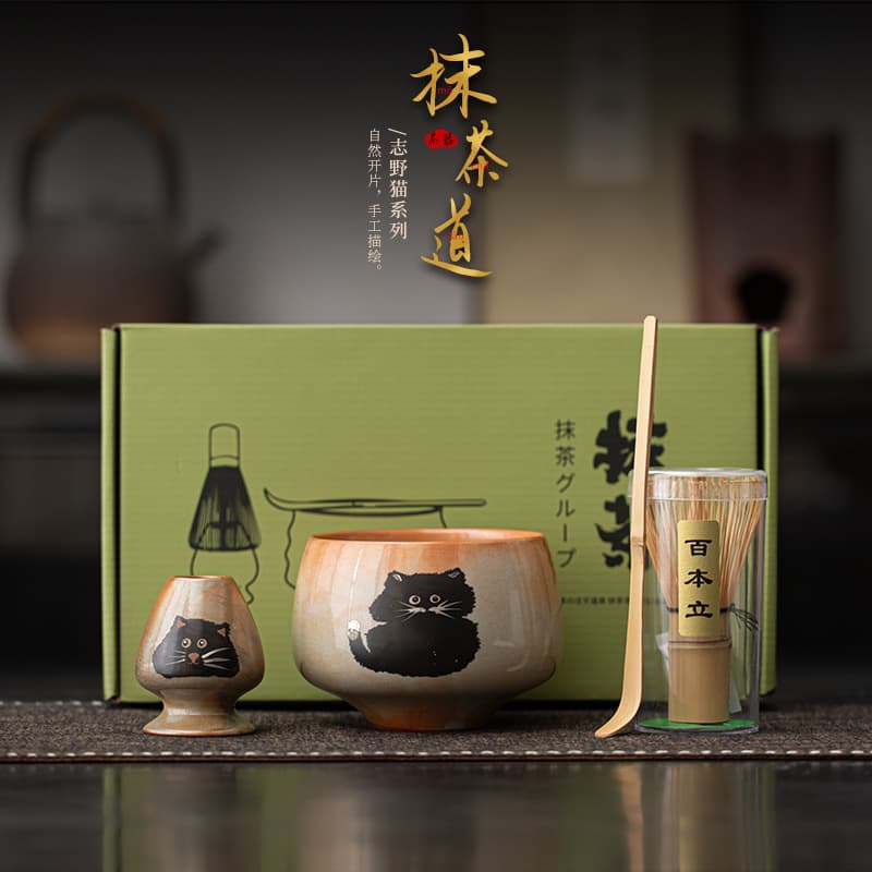 Shino Cat Creative Ceramic Matcha Set with Tea Whisk, Matcha Bowl, Tea Spoon, Complete Tea Making Tools Set