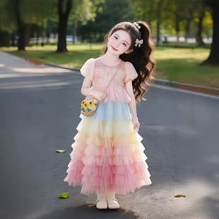 Girls Summer Dress 2026 New Style Rainbow Tulle Princess Dress Kids Cake Skirt Mid-Length Summer Clothing