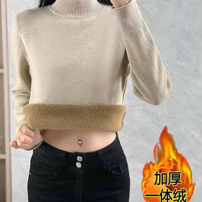 Autumn and winter velvet thickened sweater women's short half turtleneck bottoming sweater with warm all-in-one velvet top