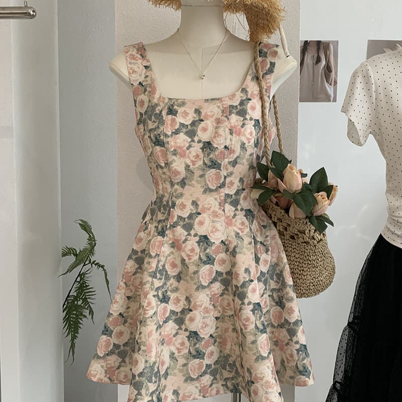 KEKEZOON French romantic dress with sweet square neck, small waist, salty or sweet short skirt for women 7943