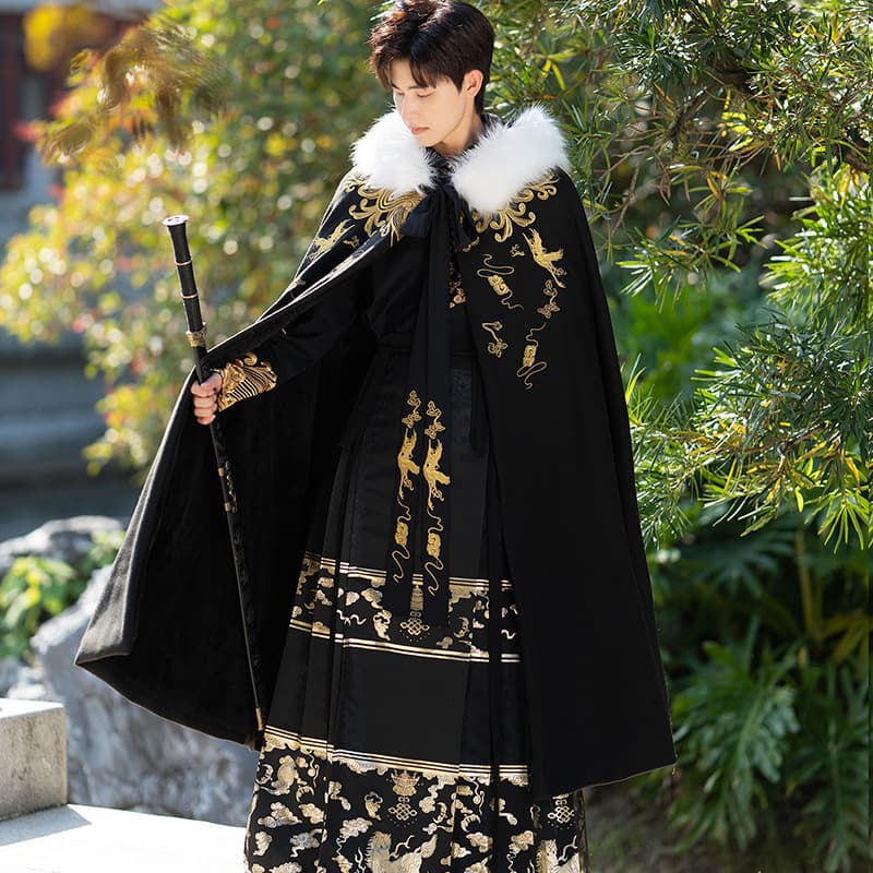 Thickened Fleece Lined Hanfu Men's Ming Dynasty Style Golden Jade Full Hall Woven Gold Horse Tail Skirt Winter Coat