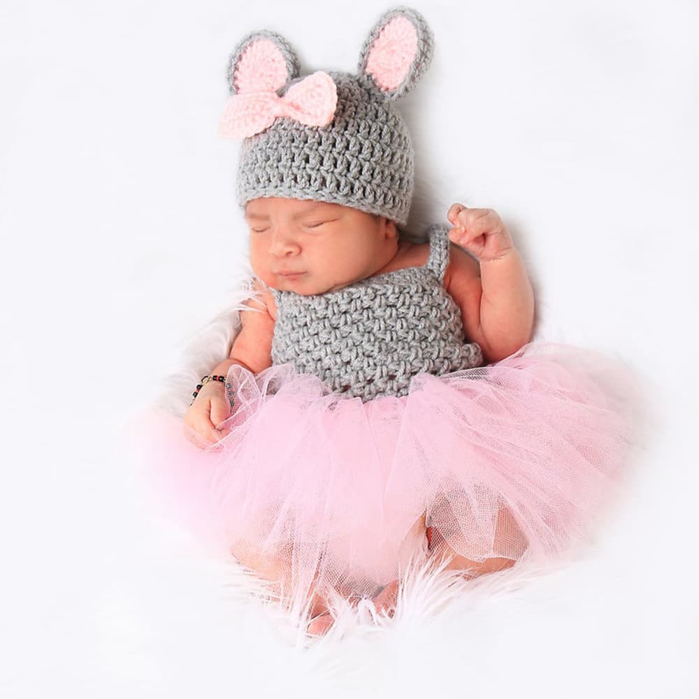 Princess Style Baby Tutu Dress with Hat Photography Shoot Two-Piece Set Knitted Nylon Soft Processed All Seasons Suitable for Newborns