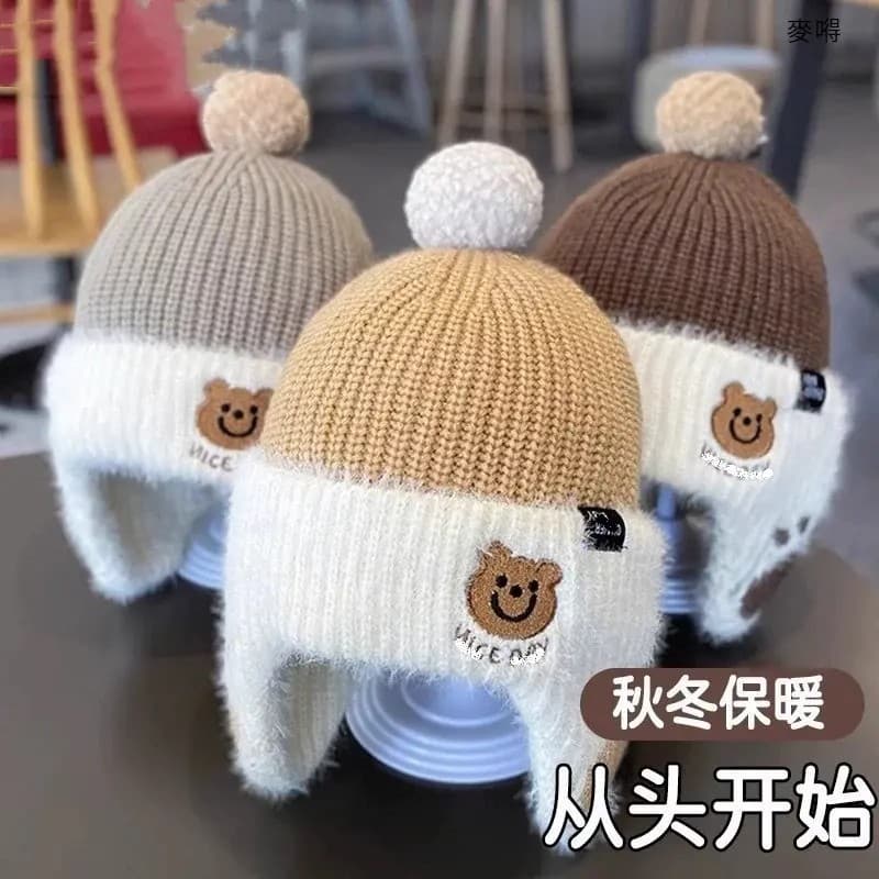 【New User $5 Off】Baby Hats for Autumn and Winter, Cute Bear Trendy Knitted Ear Flap Wool Hat