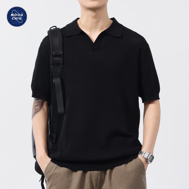 Muqiu Men's Clothing | Summer Thin Ice Silk Cool Touch Short Sleeve Polo Shirt Men's Seagull Collar Cool Touch Knit T-Shirt Top