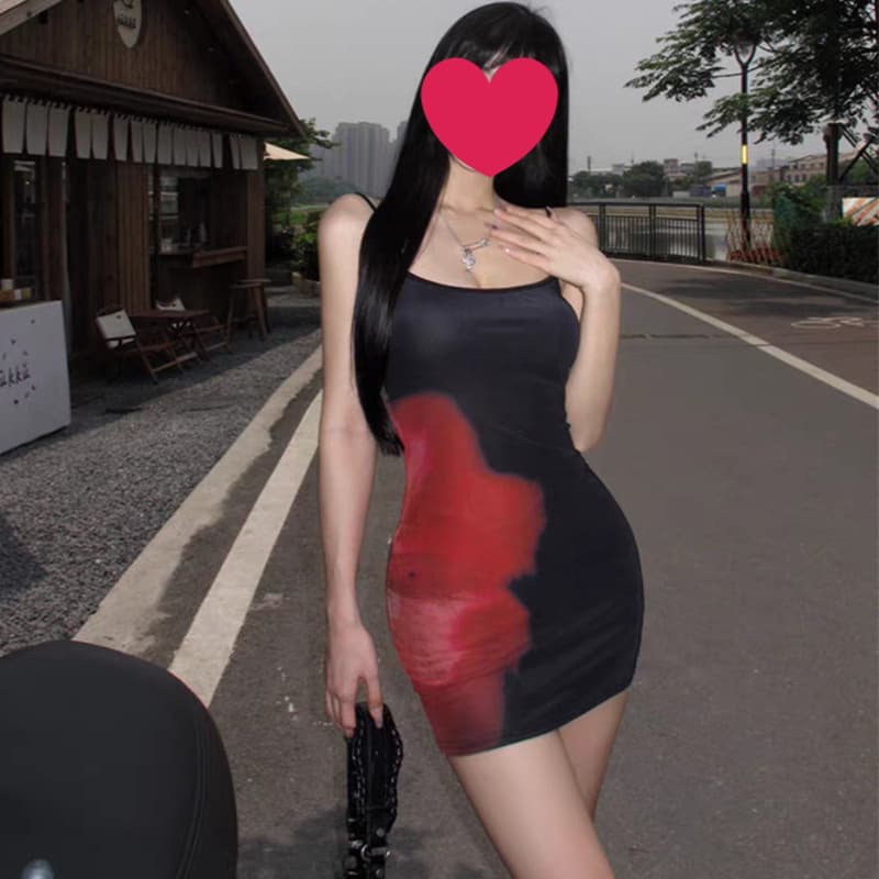 Black Tie-Dye Print Sexy Strappy Dress for Women Summer 2026 New Style Slim Fit High-Waist Bodycon Short Dress