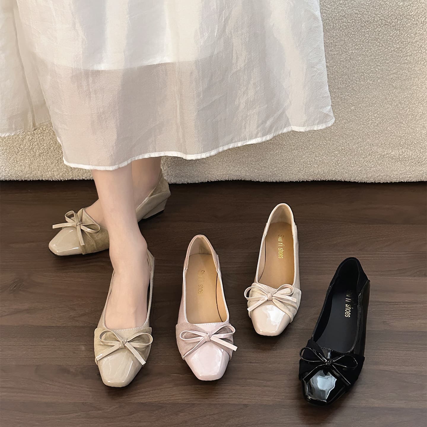 2026 Summer Gentle Lady Style Mary Jane Shoes Shallow Mouth Shoes Bow Thick Heel Low Heel Square Toe Commuting Shoes