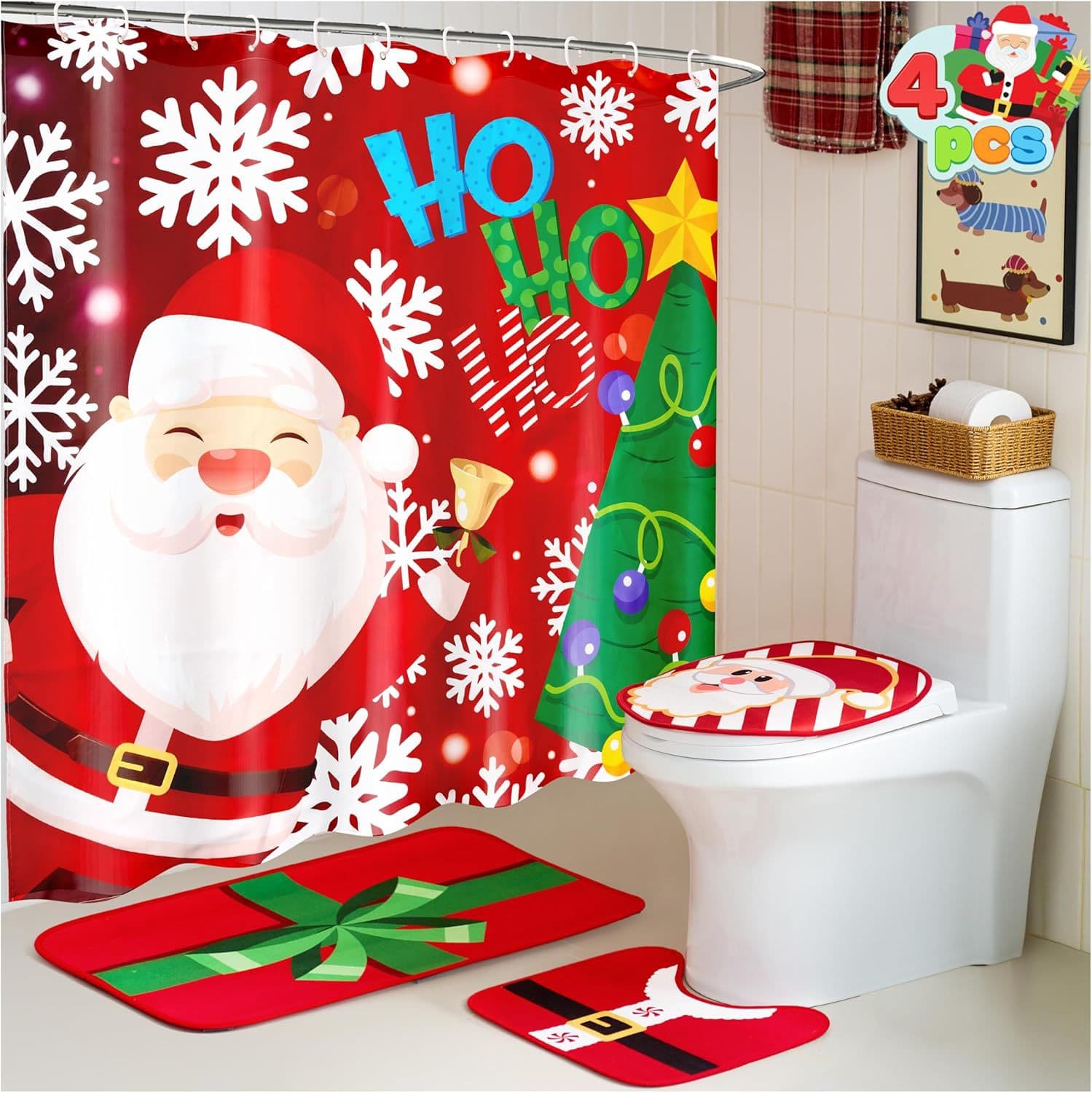 Amazon Santa Claus Red Plaid Christmas Holiday Shower Curtain Bathroom Scene Fabric Bathroom Decor Partition Curtain