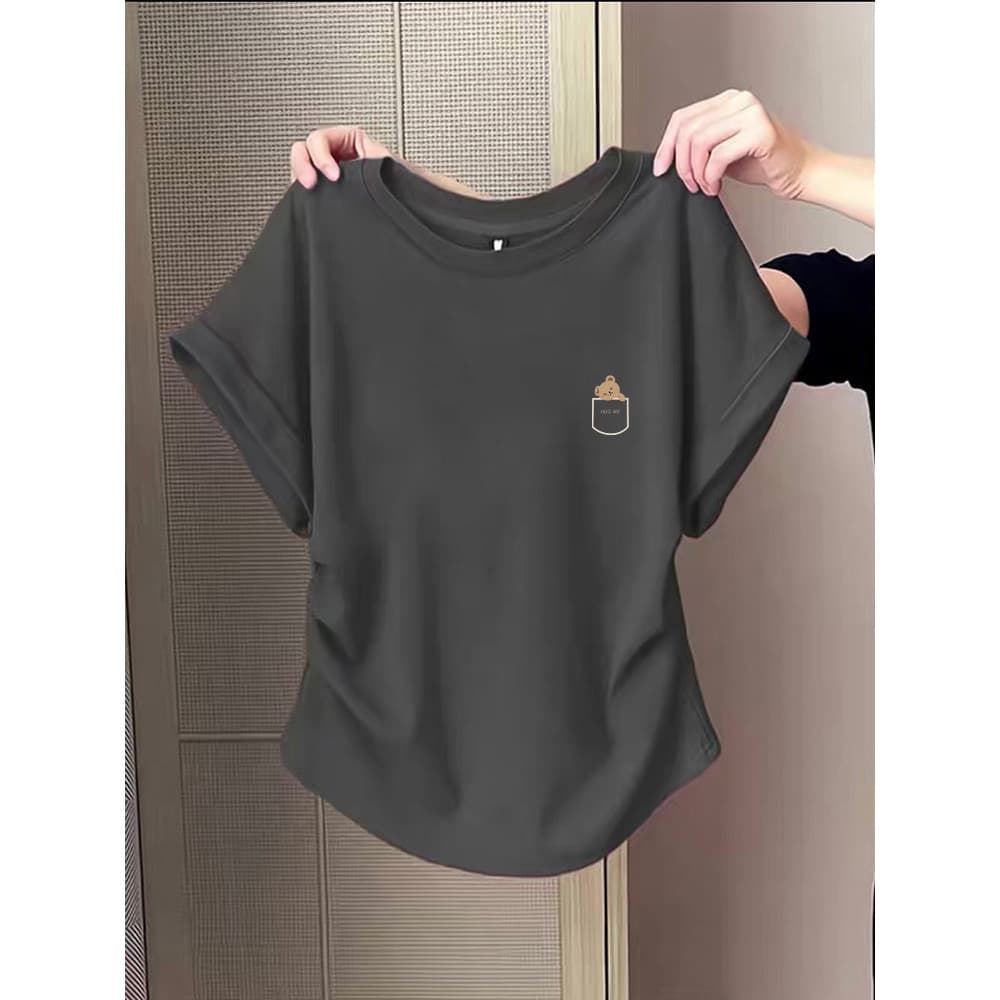 Designer Small Flutter Sleeve Regular Shoulder Pure Cotton Short Sleeve T-Shirt Women 2026 New Waist-Tightening Slim Fit Charcoal Gray Top Summer