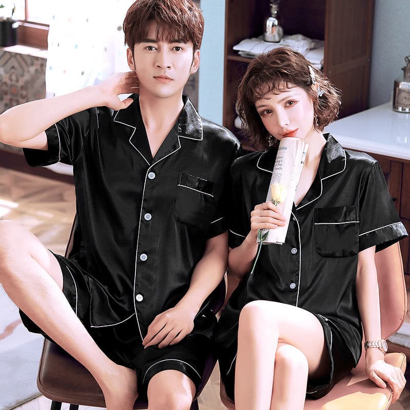 Silk Pajamas for Women and Men Couple Ice Silk Short Sleeve Shorts Set Plus Size Korean Style Homewear Set