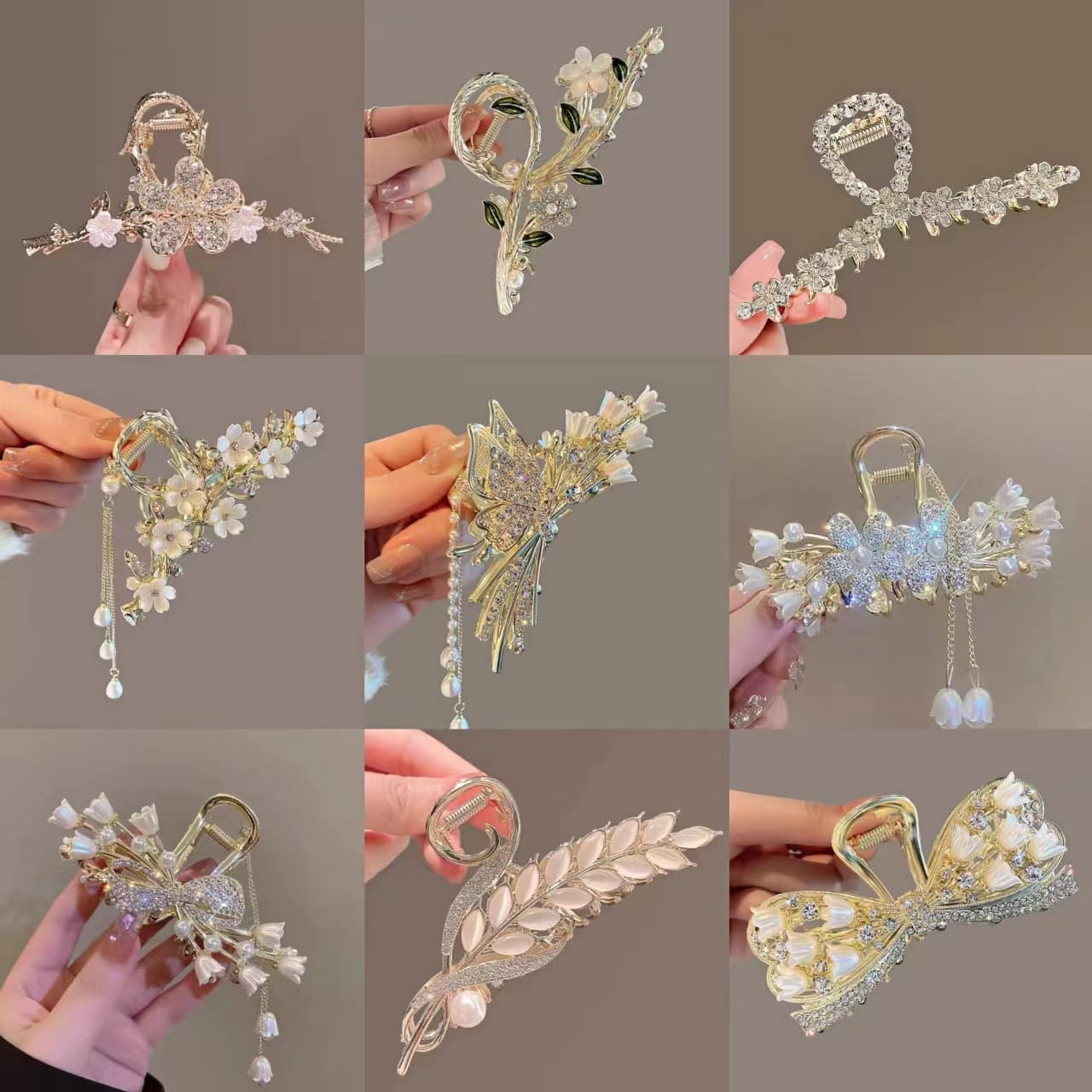 Korean Rhinestone Metal Claw Clip with Pearl Tassel, Wheat Spike Hair Clip, Lily of the Valley Elegant Hair Claw, Shark Clip Hair Accessory