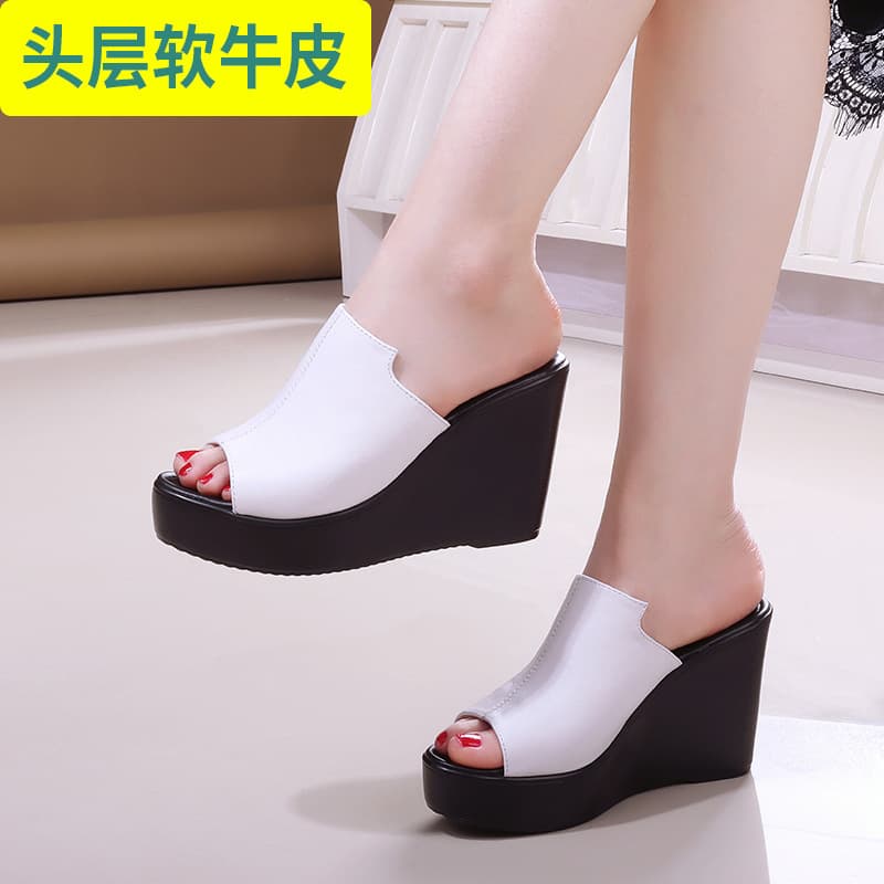 Top Layer Soft Cowhide High Heel Platform Peep Toe Slippers Versatile Non-Slip Wedge Casual Sandals Height Increasing Women's Shoes