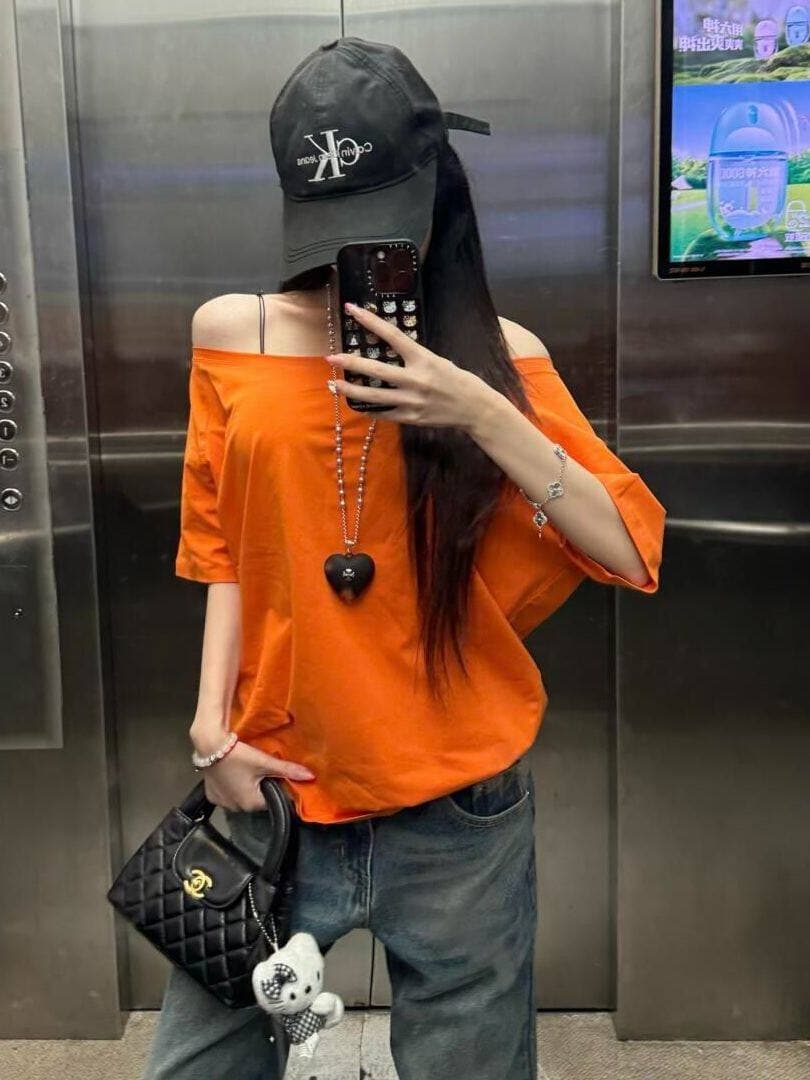 American Style Spicy Orange Off-Shoulder Top, Women's Summer New Loose Fit Slimming Short Sleeve Dopamine Stunning Off-Shoulder Blouse