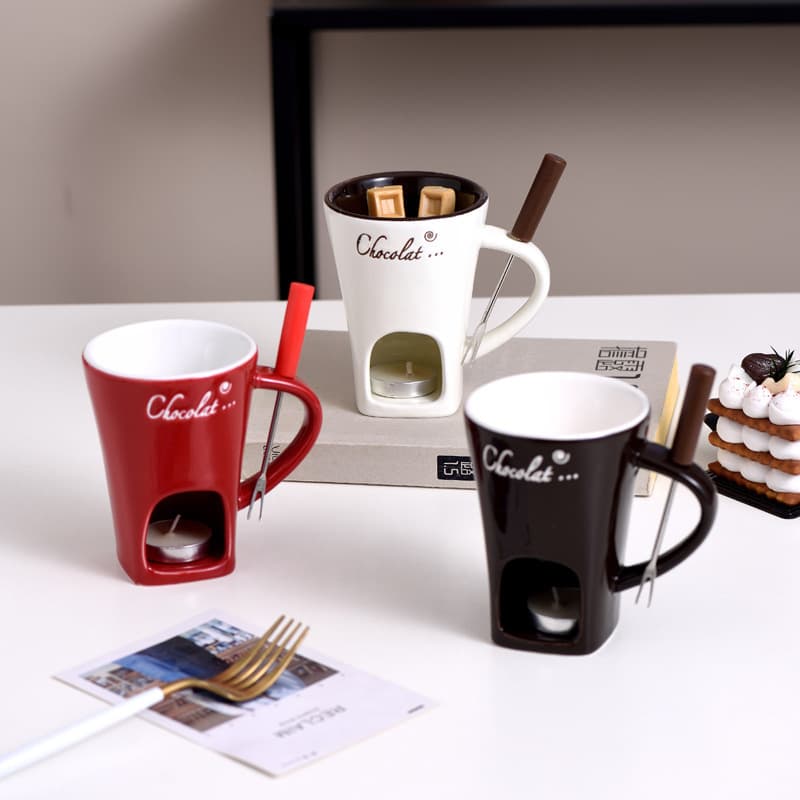 Ceramic Chocolate Fondue Cup Burner Swiss Ice Cream Fondue Cup Cheese Fondue Cup with Forks