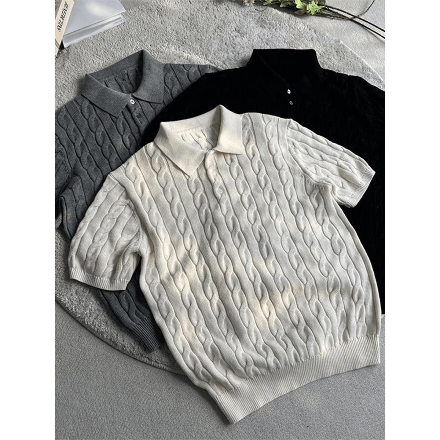 Old Money Style Jacquard Cable Knit Texture Polo Shirt for Men, Heavyweight Premium Turn-down Collar Knitted Short Sleeve T-shirt with Set-in Shoulders
