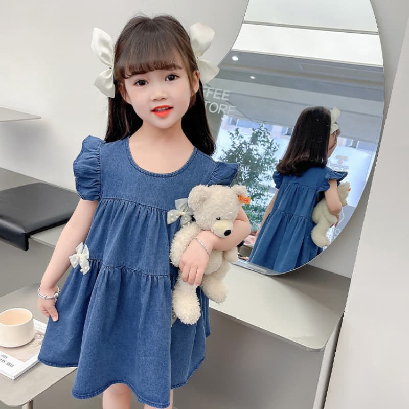 Girls Summer Denim Dress Korean Style Sweet Casual Bow Short Sleeve Washed Cotton Denim Dress