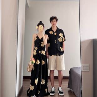 2025 Summer Couple Outfits Beach Strapless Print Dress Women Summer Shirt