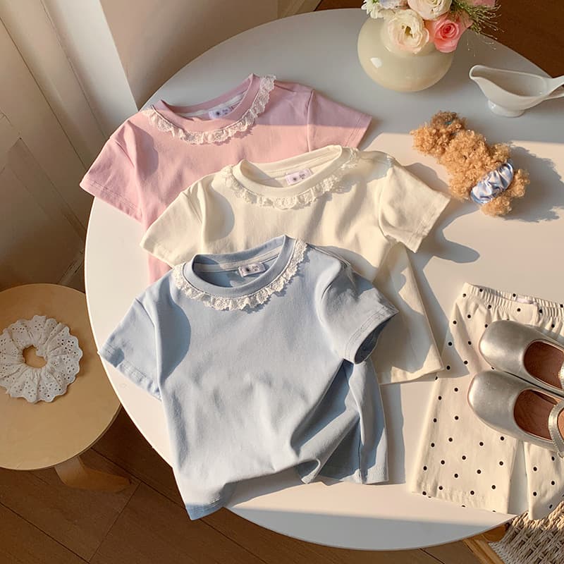 Girls T-Shirt with Lace Peter Pan Collar Short Sleeve Casual Top Summer 2026 Lace Trim Short Sleeve Summer Top