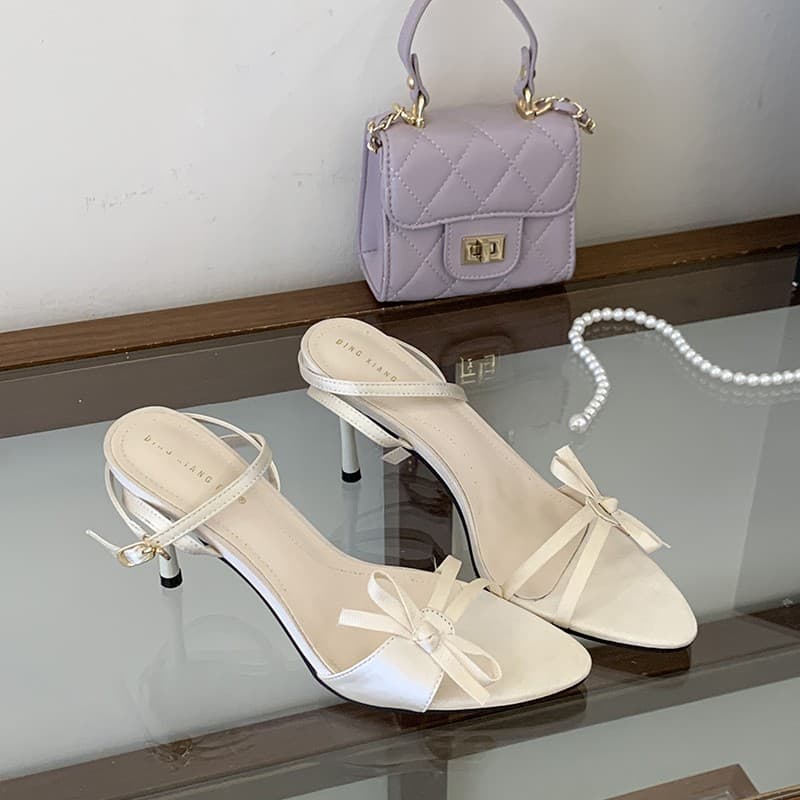 DINGXIANG Open-Toe High Heels for Women, Elegant Satin Bow Stiletto Sandals 175-8