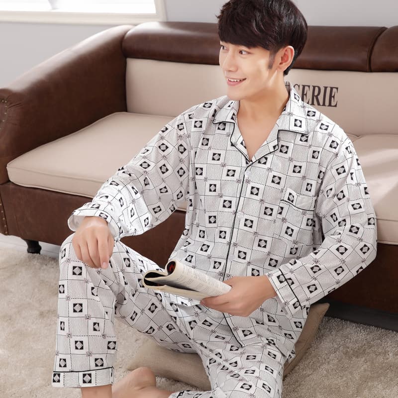 Spring and Autumn Long-Sleeve Cotton Pajama Set for Men, Youth, Middle-Aged, and Elderly Fathers, Plus Size Homewear