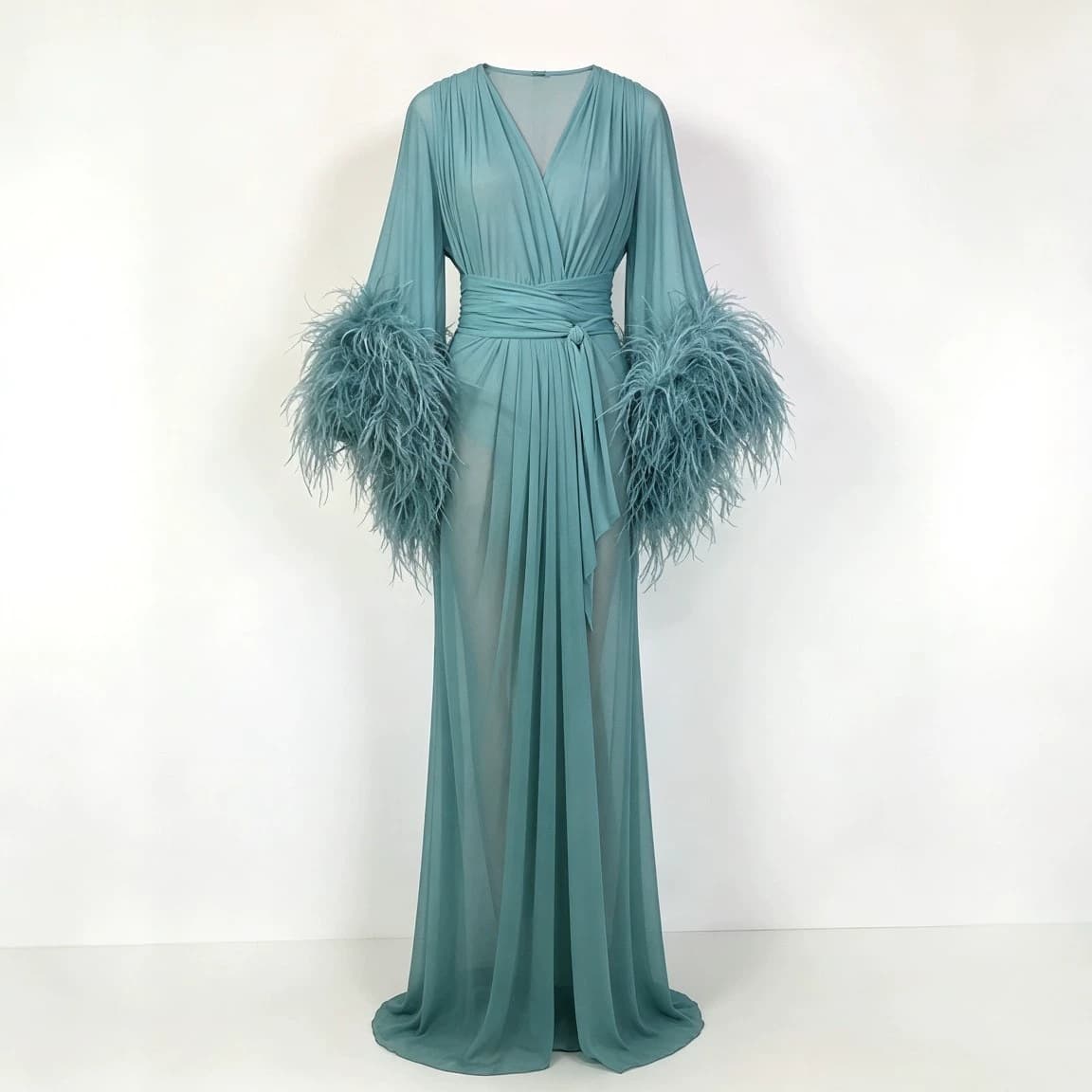 Feather cuff dressing gown, chiffon robe, bridal photo long dress, V-neck belted floor-length nightgown, multi-color