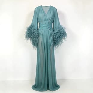 Feather Cuff Morning Robe Chiffon Outer Robe Bride Photo Long Dress V-Neck Tie Waist Floor-Length Sleepwear Multiple Colors
