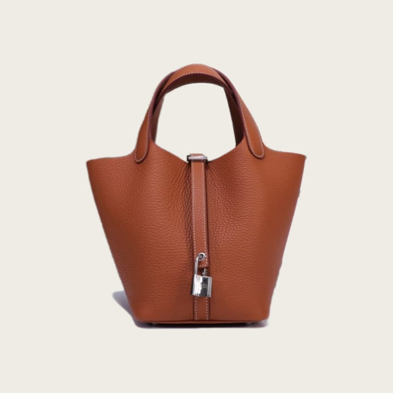 2026 Spring Top Layer Leather Picnic Basket Bag Women Lock Stitching Handbag Elegant Mature Women Genuine Leather Small Tote