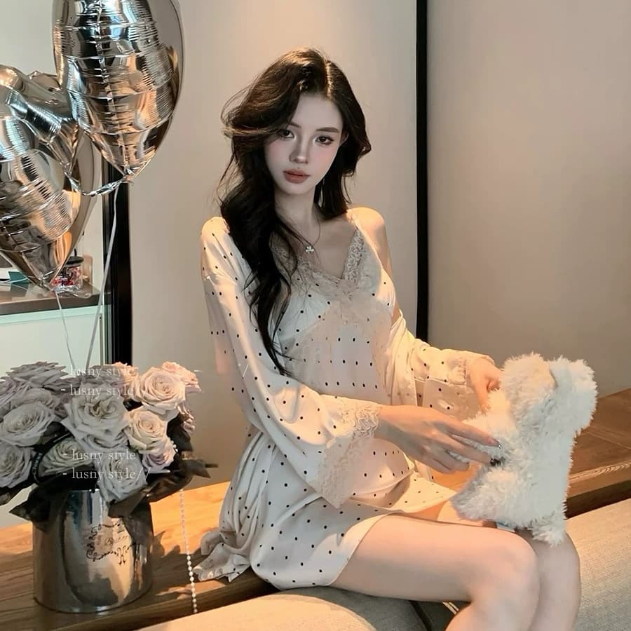Night Cat Sexy French Style Pure Desire Nightgown Dress Ice Silk Polka Dot Set Strapless Nightwear with Chest Pads Dropshipping