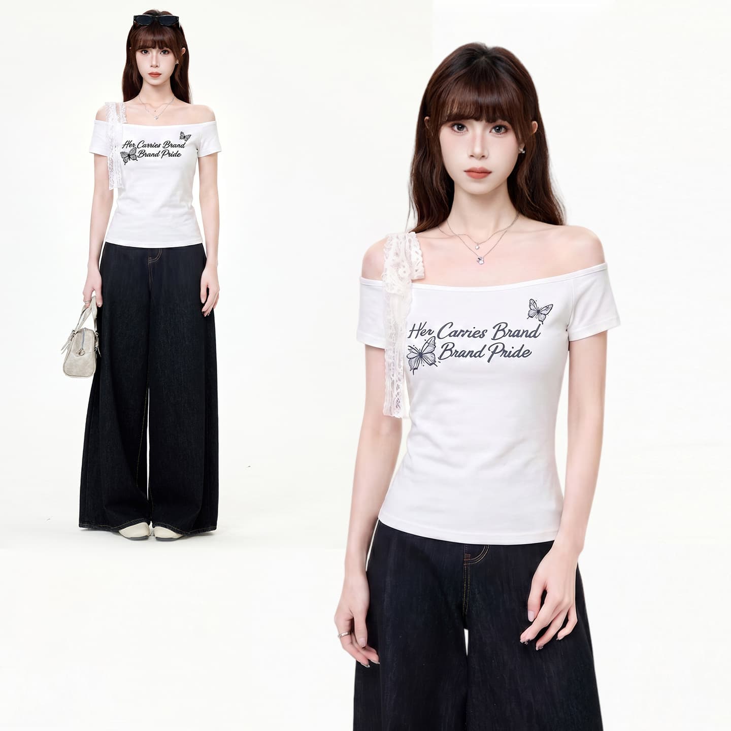 Hot Girl Letter Print One-Shoulder Lace Strap Short-Sleeve T-Shirt for Women 2026 Summer Off-Shoulder Slim-Fit Crop Top