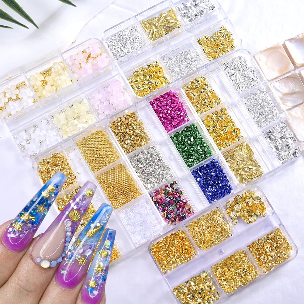 6-grid manicure metal metal alloy shell conch starfish coconut tree steel beads pearl flower nail decoration jewelry