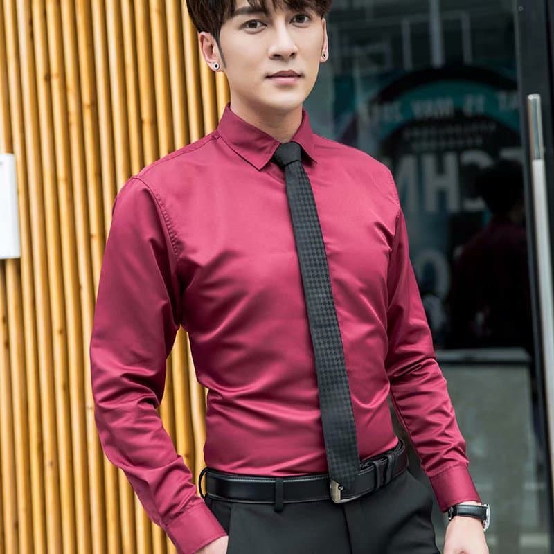 Men's Warm Long-Sleeve Shirt, Korean Slim Fit, Fleece-Lined Business Formal White Shirt, Black Thick